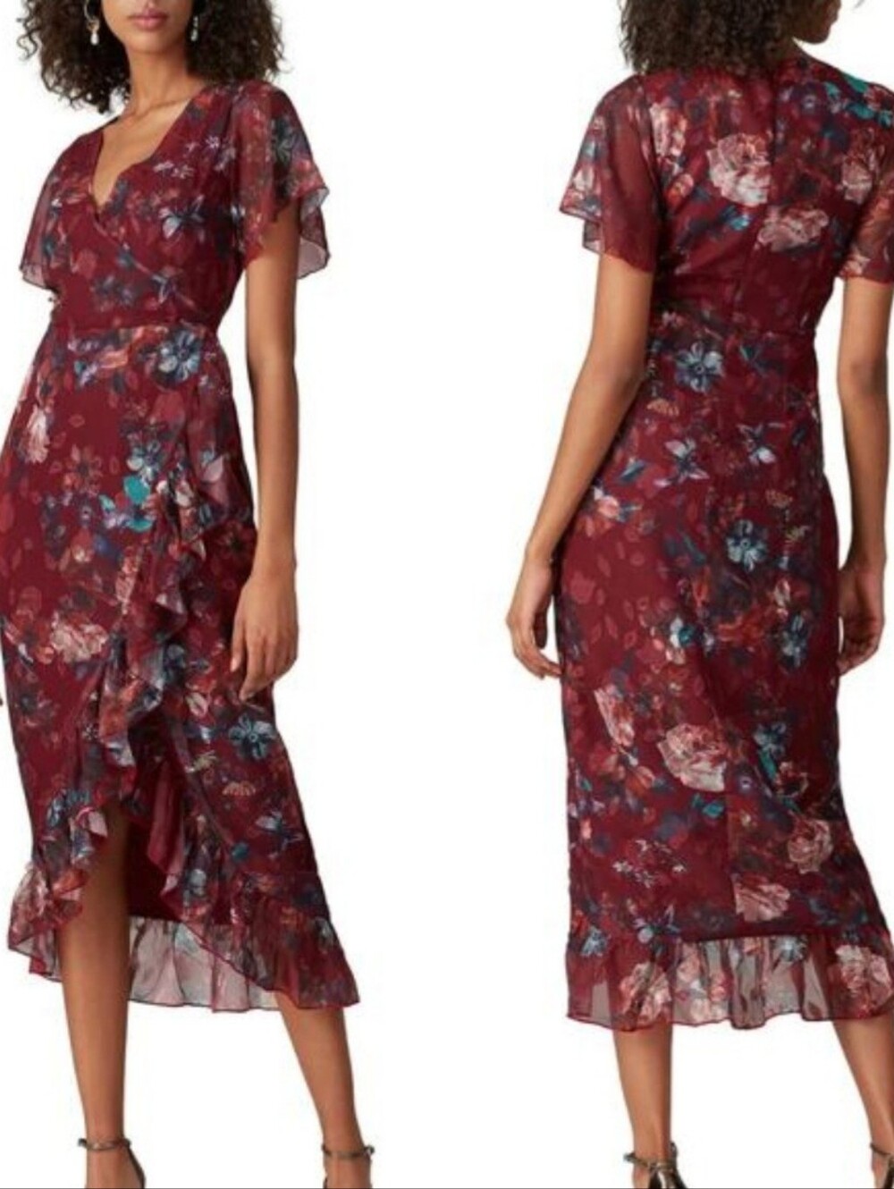 Vone Mireya Floral Ruffle Faux Wrap Midi Dress Burgundy Gold Shimmer US 8